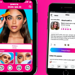 **Interactive Instagram Story:** A vibrant and engaging Instagram Story frame featuring interactive elements like polls and question stickers related to a new line of cosmetic products. Close-up on a smartphone screen displaying the story.