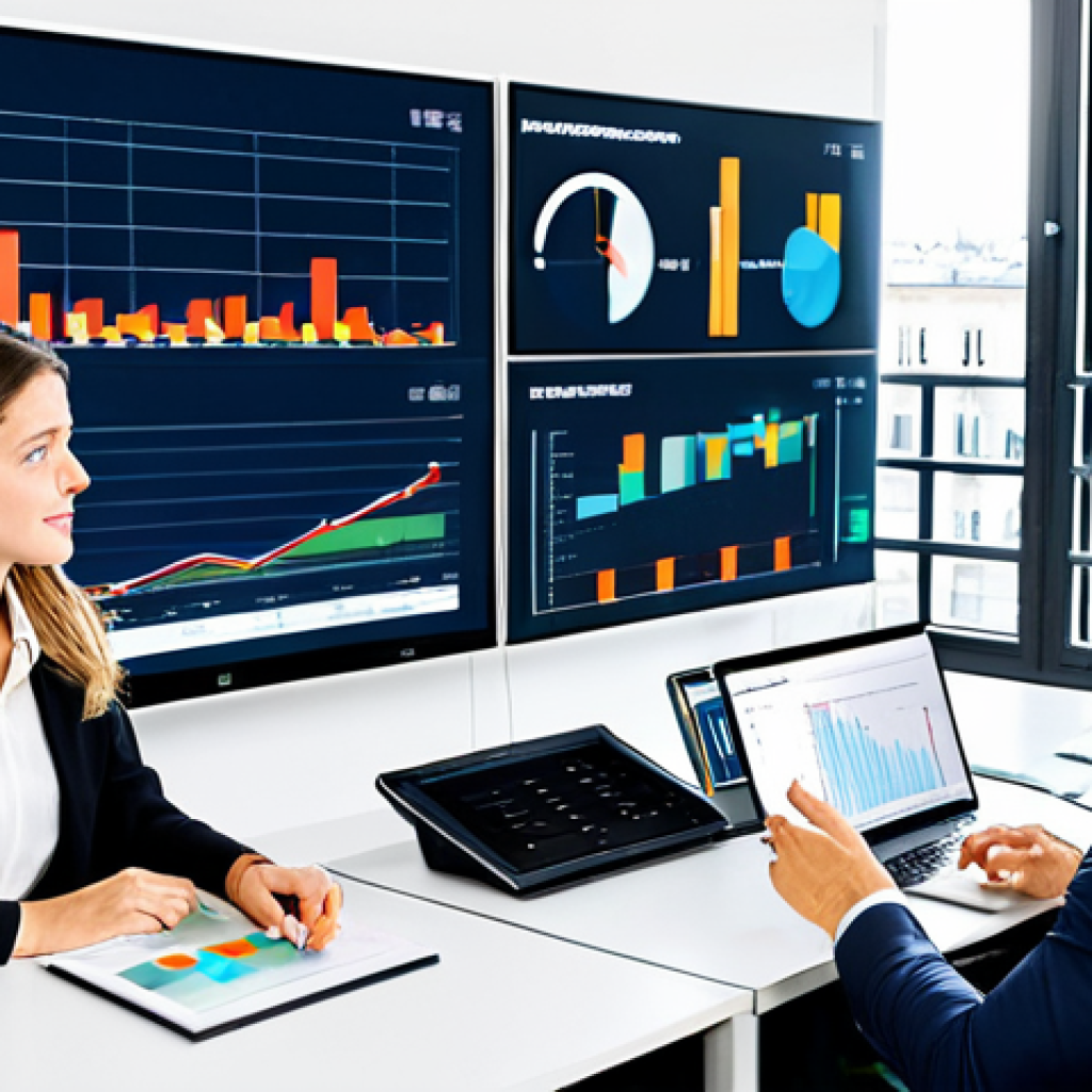 **
A marketing team strategizing in a bright, modern Parisian office. They are reviewing analytics dashboards on large screens, discussing campaign performance, and brainstorming new ideas. Everyone is fully clothed in professional attire. The scene evokes collaboration and data-driven decision making. Safe for work, appropriate content, perfect anatomy, natural proportions, professional environment, well-formed hands, proper finger count, high quality.
**