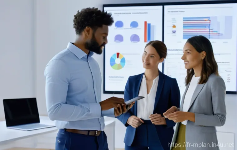 미디어 플래너와 데이터 기반 마케팅 - **Prompt:** A diverse group of modern French marketing professionals (men and women, all modestly dr...