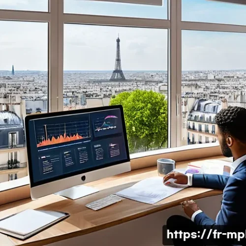 미디어 플래너 이직 준비 팁 - A modern media planner&rsquo;s office environment in Paris, featuring a young professional in smart casual...