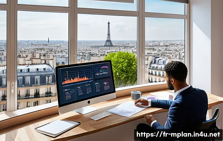 미디어 플래너 이직 준비 팁 - A modern media planner’s office environment in Paris, featuring a young professional in smart casual...
