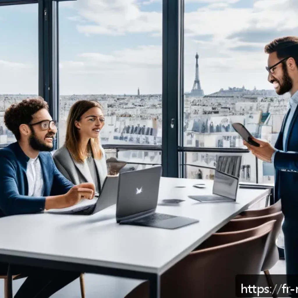 미디어 플래너의 소셜 미디어 캠페인 설계 - A vibrant social media marketing workspace scene showing a diverse team of young French professional...