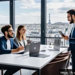 미디어 플래너의 소셜 미디어 캠페인 설계 - A vibrant social media marketing workspace scene showing a diverse team of young French professional...