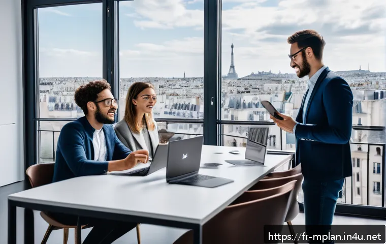 미디어 플래너의 소셜 미디어 캠페인 설계 - A vibrant social media marketing workspace scene showing a diverse team of young French professional...