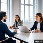 미디어 플래너의 광고 캠페인 기획 프로세스 - A modern marketing strategy meeting in a bright Parisian office, featuring diverse French profession...