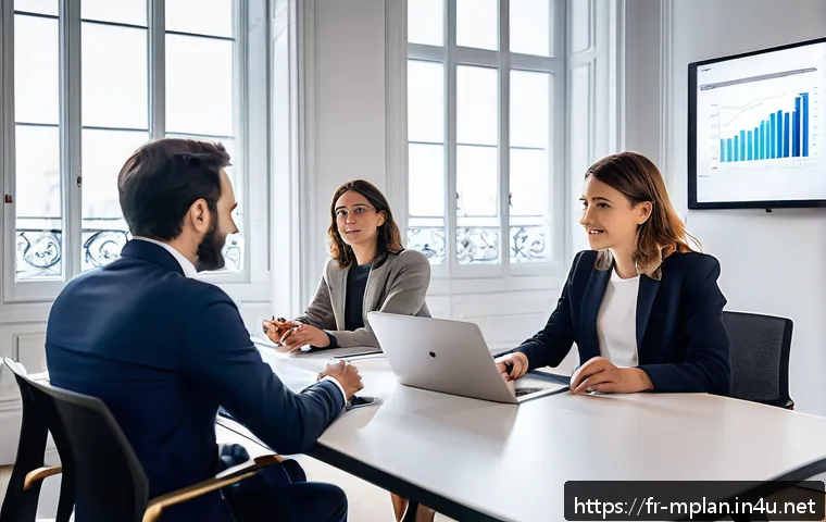미디어 플래너의 광고 캠페인 기획 프로세스 - A modern marketing strategy meeting in a bright Parisian office, featuring diverse French profession...