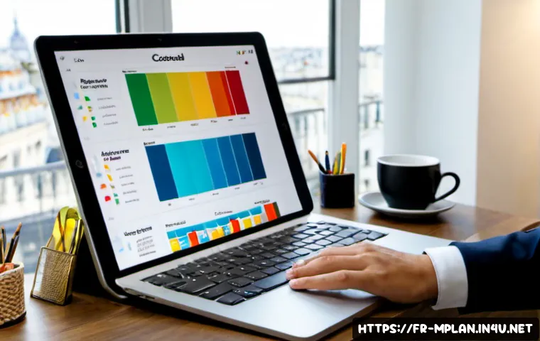 미디어 플래너와 광고 효과 측정 도구 - Photorealistic media planner in a bright modern Paris office, French professional reviewing a clean ...